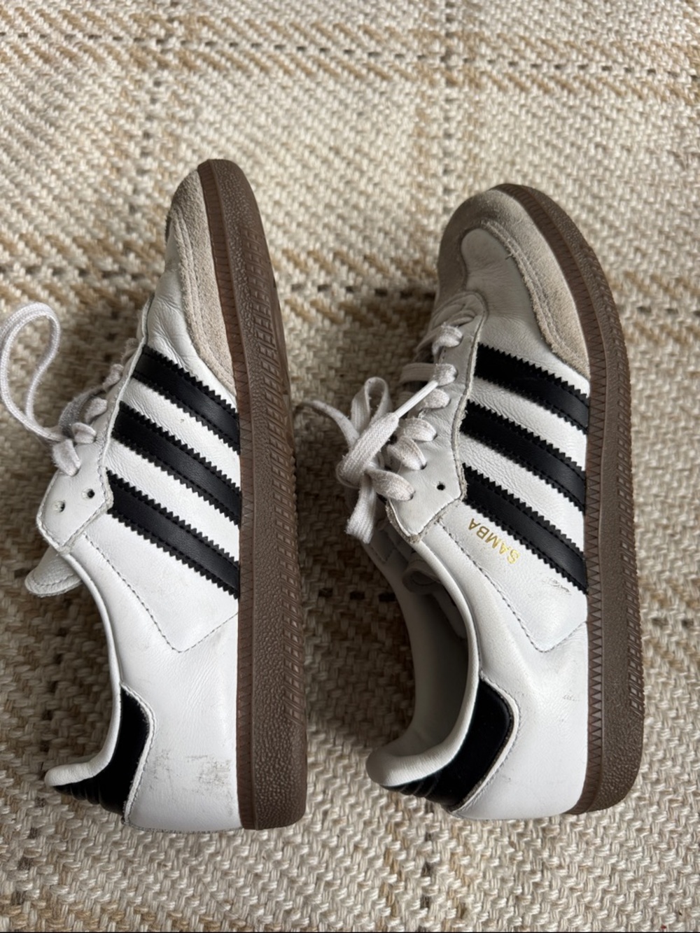 adidas White Sneakers with Black Stripes and Blue Tongue Tag